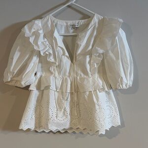 Moon River Puff Sleeve Eyelet Top with Front Ties